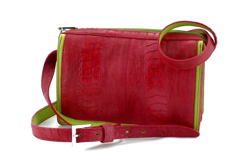 Riley Cross body bag Red ostrich leg with lime leather