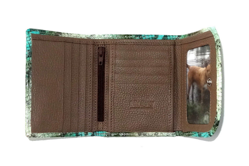 Dorothy  Trifold purse - Olive blue snake print leather ladies wallet inside