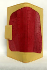 Lemon leather rojo ostrich leg large ladies purse showing ostrich leg design