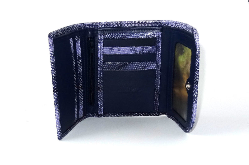 Dorothy  Trifold purse - Purple snake print leather ladies wallet inside picture window