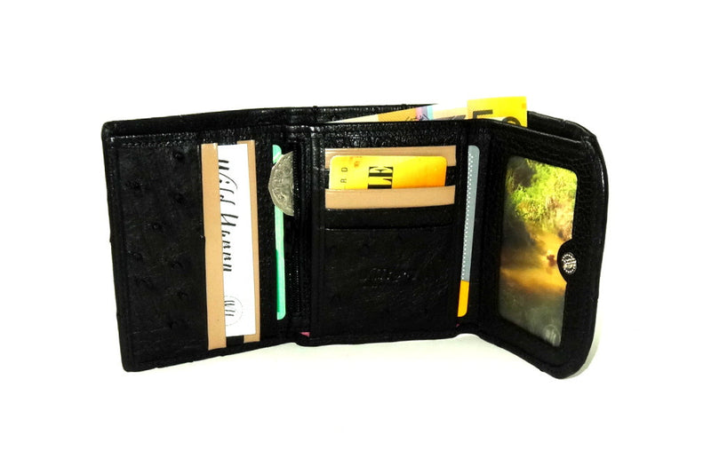 Dorothy  Trifold purse - Black ostrich skin leather ladies wallet fully loaded