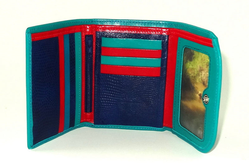 Dorothy  Trifold purse - Teal leather ladies small wallet inside picture window