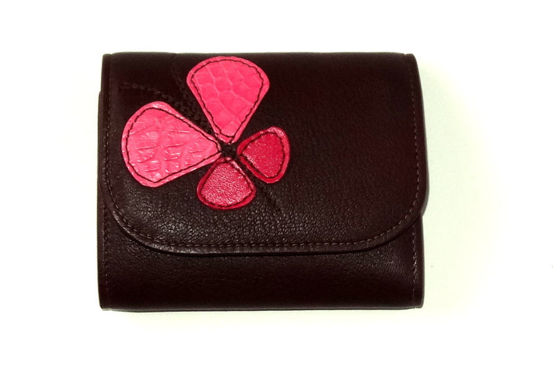 Dorothy  Trifold purse - Brown leather pink butterfly ladies wallet front view