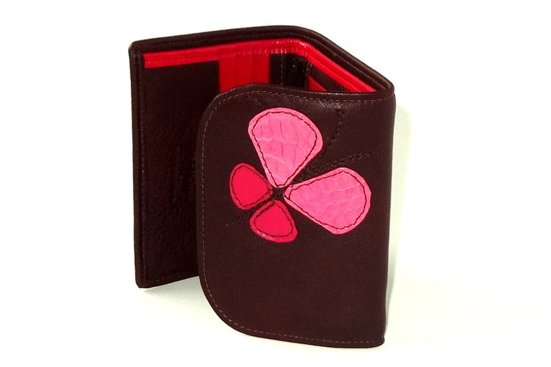 Dorothy  Trifold purse - Brown leather pink butterfly ladies wallet