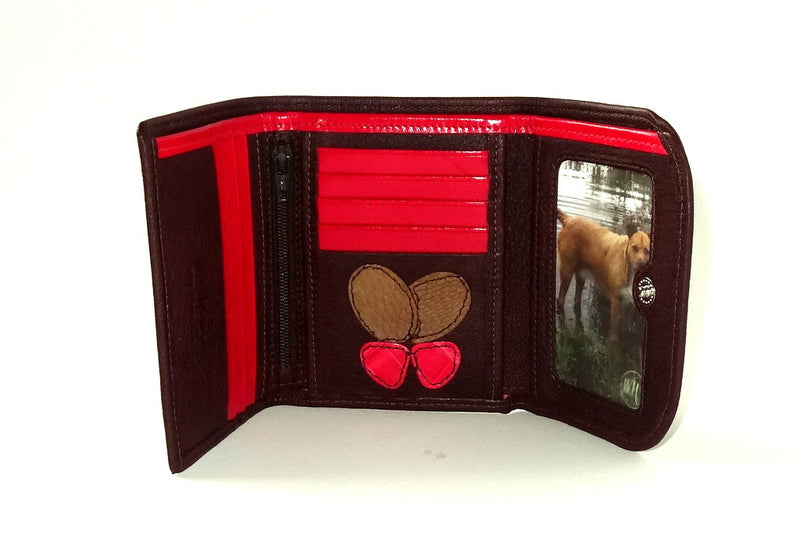 Dorothy  Trifold purse - Brown leather pink butterfly ladies wallet inside picture window