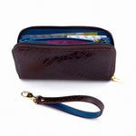 Victoria  Burgundy snake print leather ladies zip around purse showing open zip