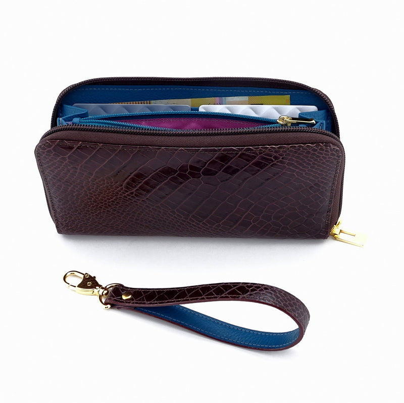 Victoria  Burgundy snake print leather ladies zip around purse showing open zip