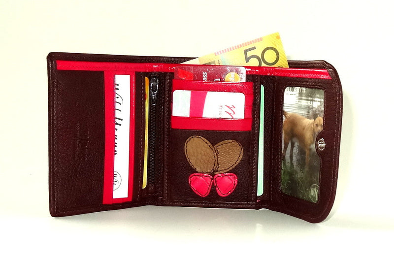 Dorothy  Trifold purse - Brown leather pink butterfly ladies wallet inside fully loaded