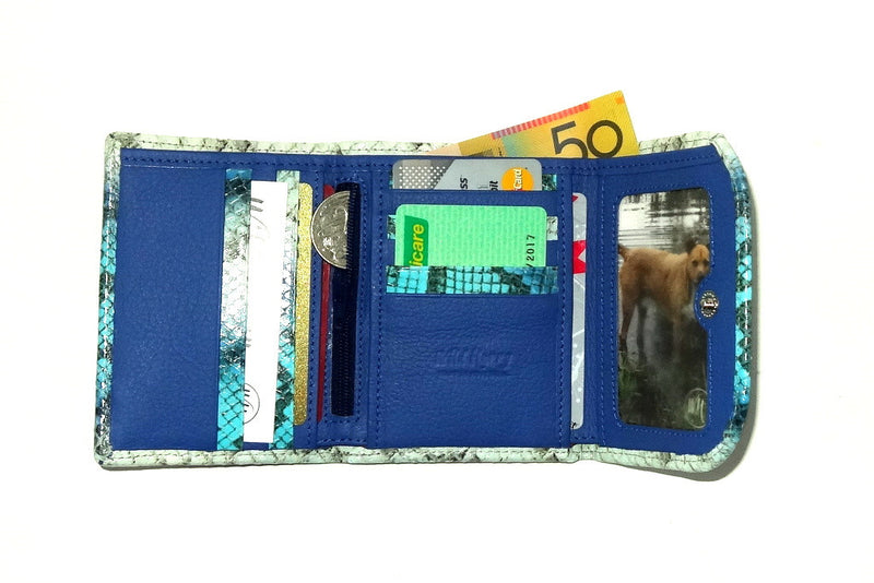 Dorothy  Trifold purse -Blue & white snake print leather ladies wallet inside loaded