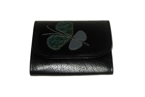 Dorothy  Trifold purse - Black leather Butterfly detail ladies wallet front view