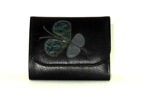 Dorothy  Trifold purse - Black leather Butterfly detail ladies wallet
