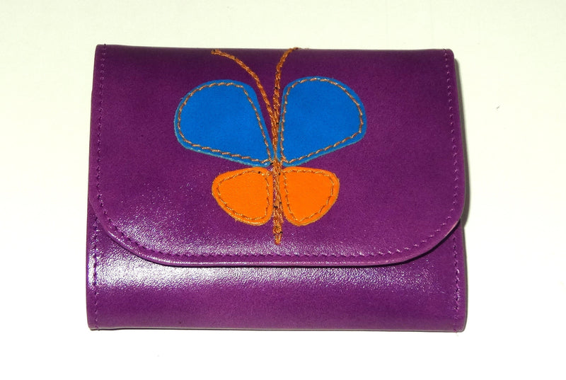 Dorothy  Trifold purse - Purple leather Butterfly detail ladies wallet front view
