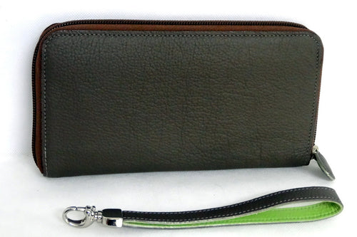 Donkey brown leather with lime ladies zip around purse side 2