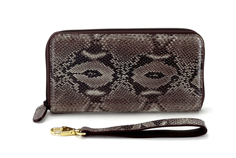 Victoria  Grey snake print leather gold ladies zip around purse view side 1