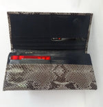 Caitlin  Grey snake print leather Persian blue internal ladies purse showing inside in use