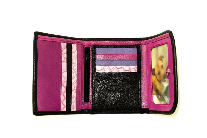 Dorothy  Trifold purse - Black leather purple inside ladies wallet insdie picture window
