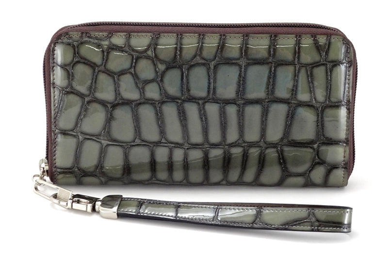 Victoria  Grey foil leather olive internal ladies zip around purse view side 2