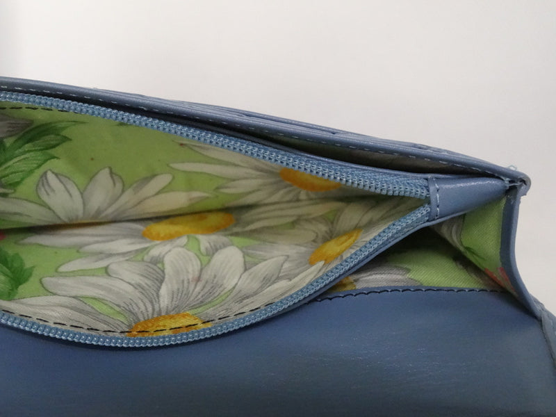 Caitlin  Sky Blue leather daisy fabric button detail ladies purse showing coin zip section