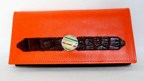 Caitlin  Orange & olive leather crocodile & button detail ladies purse