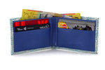 Tristan  Mermaid blue metallic leather small men's wallet showing inside in use