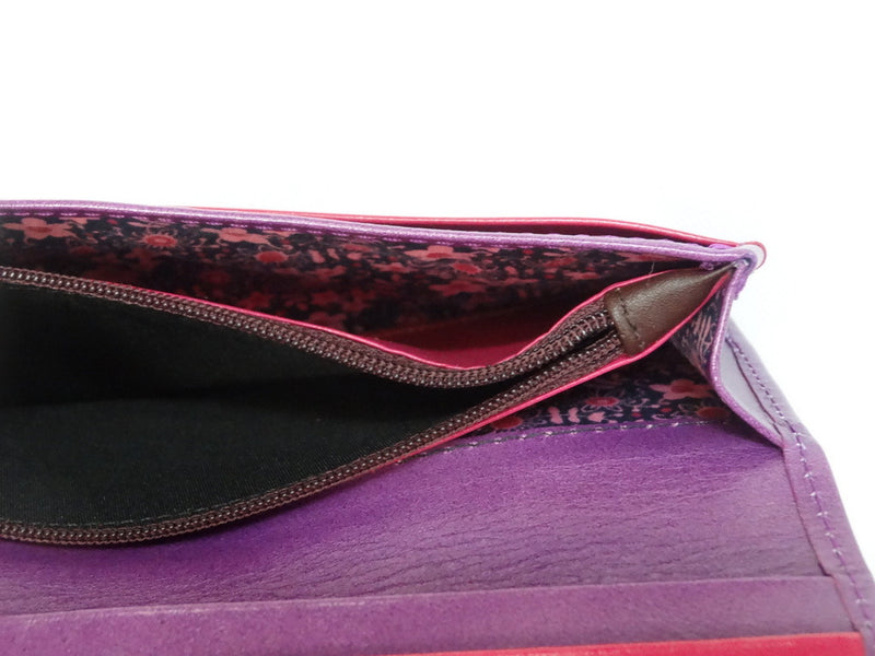 Caitlin  Purple leather red strap buckle stud detail ladies purse showing coin zip section
