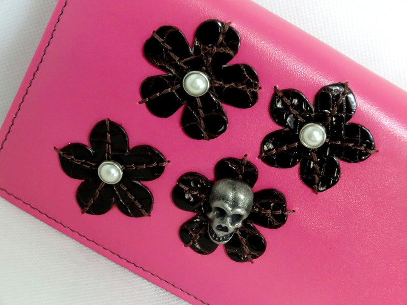 Caitlin  Pink leather with flower, pearls & skull detail ladies purse