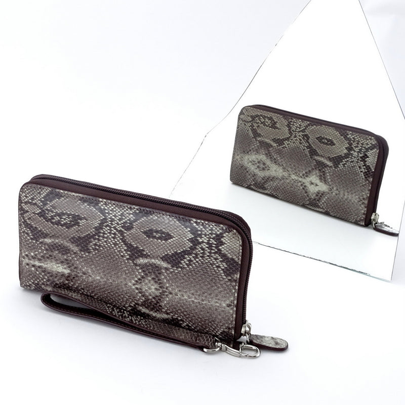 Victoria  Grey snake print leather olive inside ladies zip around purse mirror image
