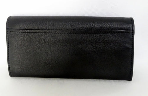 Caitlin  Black leather with red accents ladies purse back pocket view