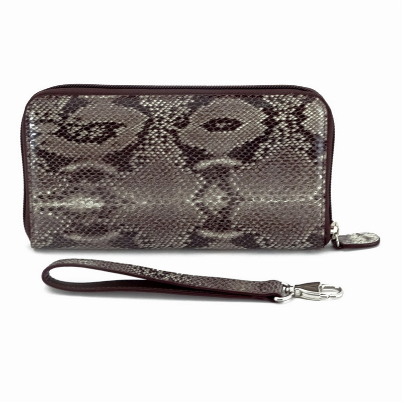 Victoria  Grey snake print leather olive inside ladies zip around purse view side 1