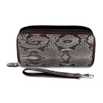 Victoria  Grey snake print leather olive inside ladies zip around purse side view zip open