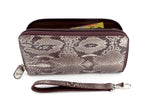 Victoria  Grey snake print leather olive inside ladies zip around purse side view zip open showing notes