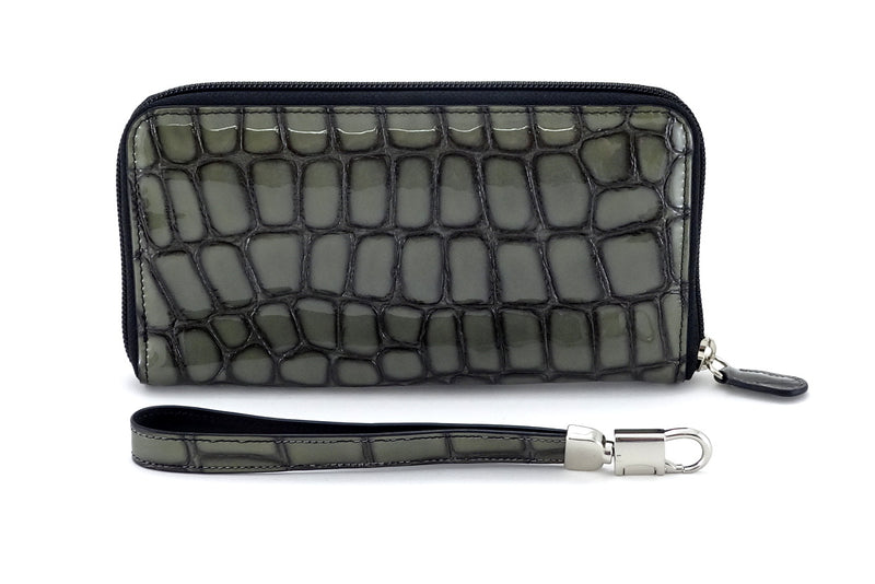 Victoria  Grey foil leather black internal ladies zip around purse view side 1