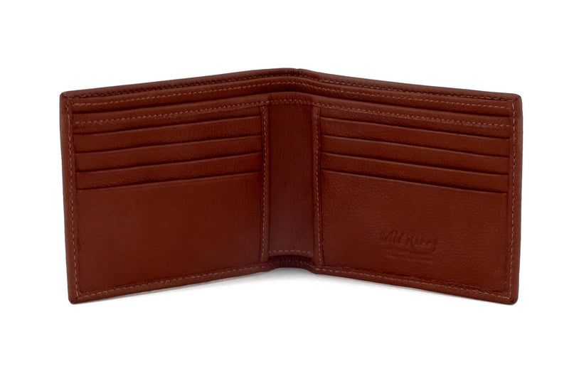 Martin  Brown & white Hair on hide & leather men's large bi fold hip wallet showing internal pocket layout