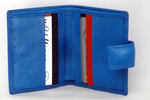 Christine  Blue smooth leather small ladies purse wallet inside view showing in use