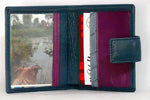 Christine  Blue goat skin purple & blue internal small ladies purse inside view picture window in use