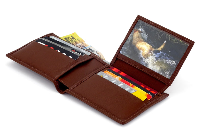 Martin  Brown textured leather man's picture window hip wallet showing picture window flap