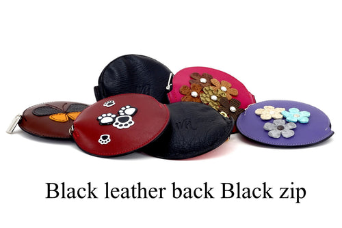 Coin Purse - Round decorated front, black leather back with zip showing front back & zip