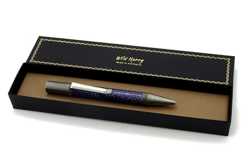 Pen Professor purple snake printed leather antique silver plating shown in box