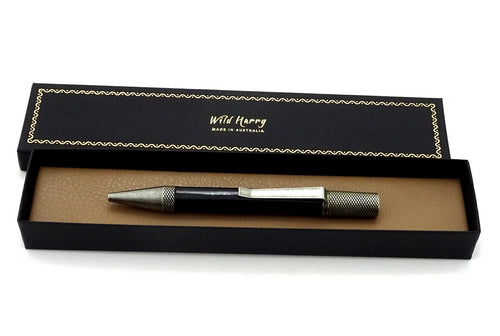 Pen Professor black leather antique silver plating shown in box