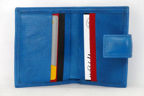 Christine  Blue leather small ladies purse wallet inside view showing in use