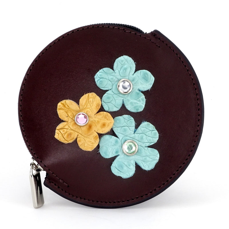 Coin Purse - Round decorated front, black leather back with zip flowers