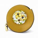 Coin Purse - Round decorated front, black leather back with zip flower button fabric