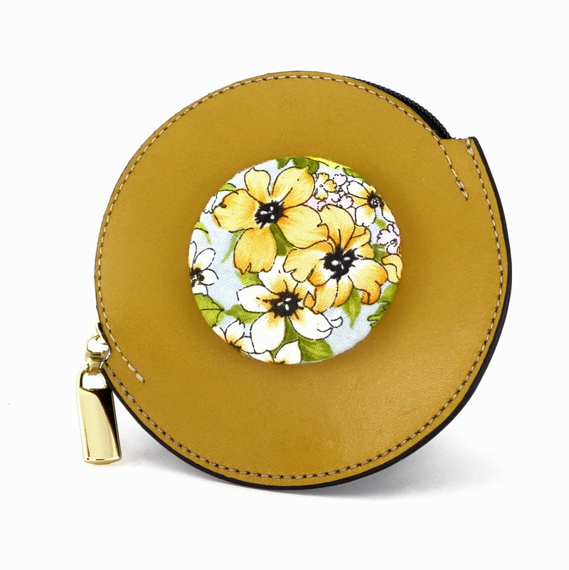 Coin Purse - Round decorated front, black leather back with zip flower button fabric