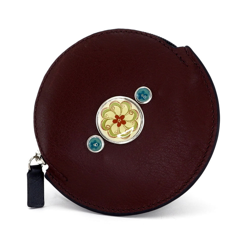 Coin Purse - Round decorated front, black leather back with zip buttons