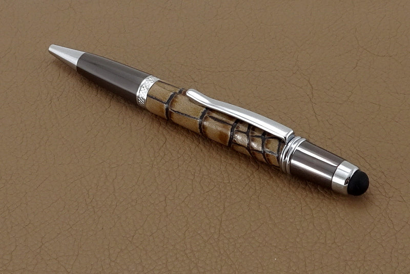 Pen Sierra stylus chrome & gun metal cream snake printed leather single barrel