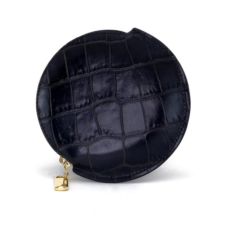 Coin Purse - Round printed leather with zip black crocodile print