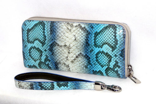 Michaela  Blue & grey snake print leather zip around purse side 1 wrist strap detached