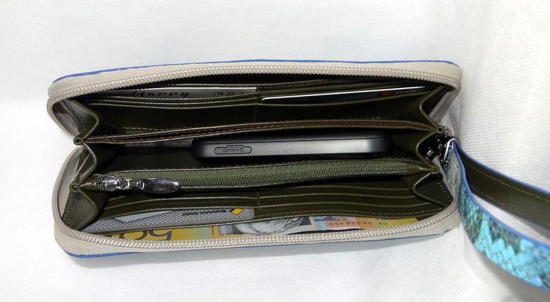 Michaela  Blue & grey snake print leather zip around purse inside pocket layout