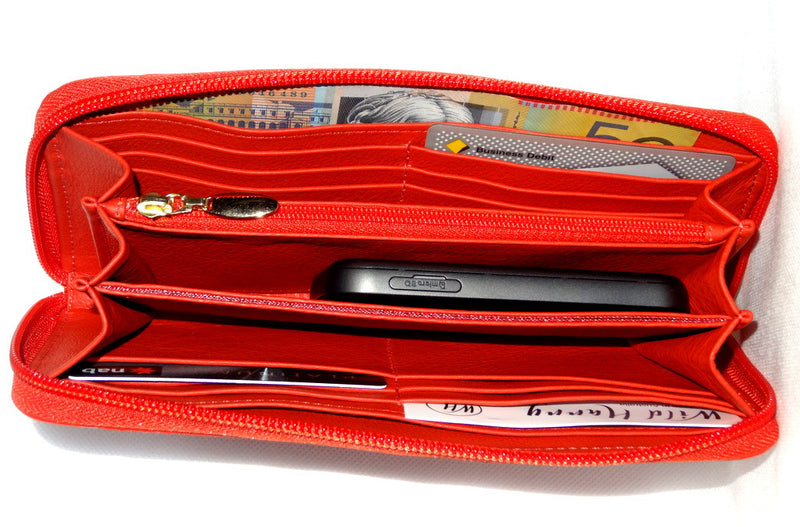 Michaela  Orange glaze crocodile gold fittings zip around purse inside pocket layout