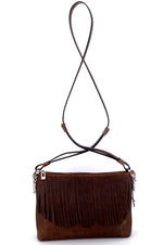 Rosie Chocolate leather small tote bag leather lined fringing showing long shoulder strap